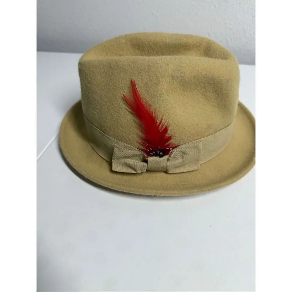 Vintage Milano Moda Men’s Wool Hat Beige Feather Ribbon Trim Sz M Made in Italy